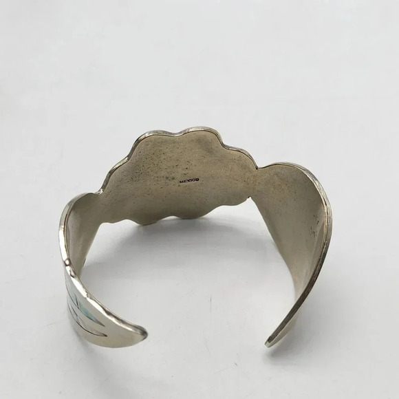 Vintage Mexican Abalone Inlay Coin Silver Cuff Bracelet With Flower Design - Picture 5 of 10